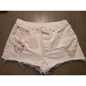 Levi's 501 Ladies White Butterfly Cut Off Denim Jean Shorts 31 GUC